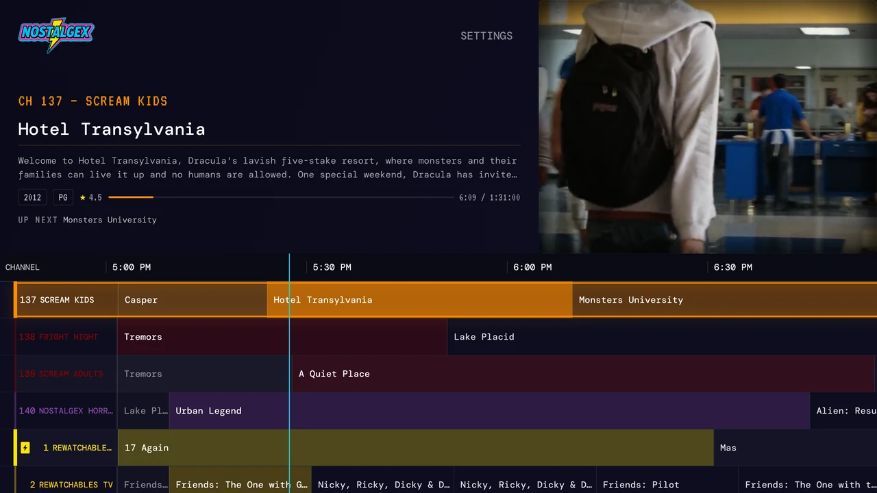 Nostalgex guide on Apple TV with Scream Kids, Fright Night, Scream Adults and Nostalgex Horror on channels 137 to 140
