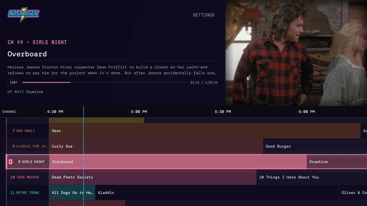 Nostalgex guide grid on Apple TV with Overboard airing on the Girls Night channel