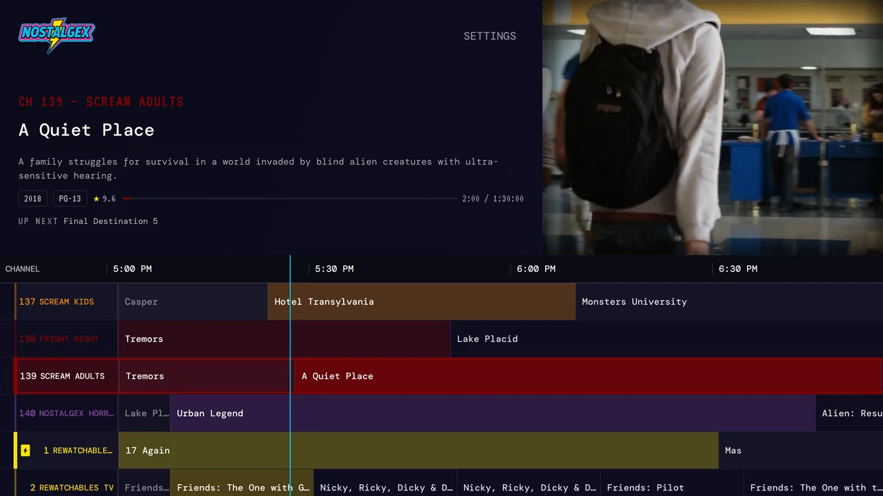 Nostalgex guide grid with the Scream Adults channel selected and Scream Kids, Fright Night and Nostalgex Horror around it