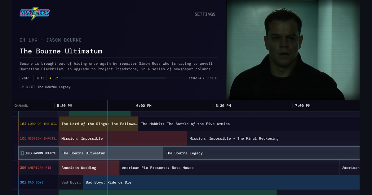 Nostalgex TV guide on Apple TV with the JASON BOURNE franchise channel airing The Bourne Ultimatum from a Plex library, next to LORD OF THE RINGS, MISSION IMPOSSIBLE, AMERICAN PIE and BAD BOYS
