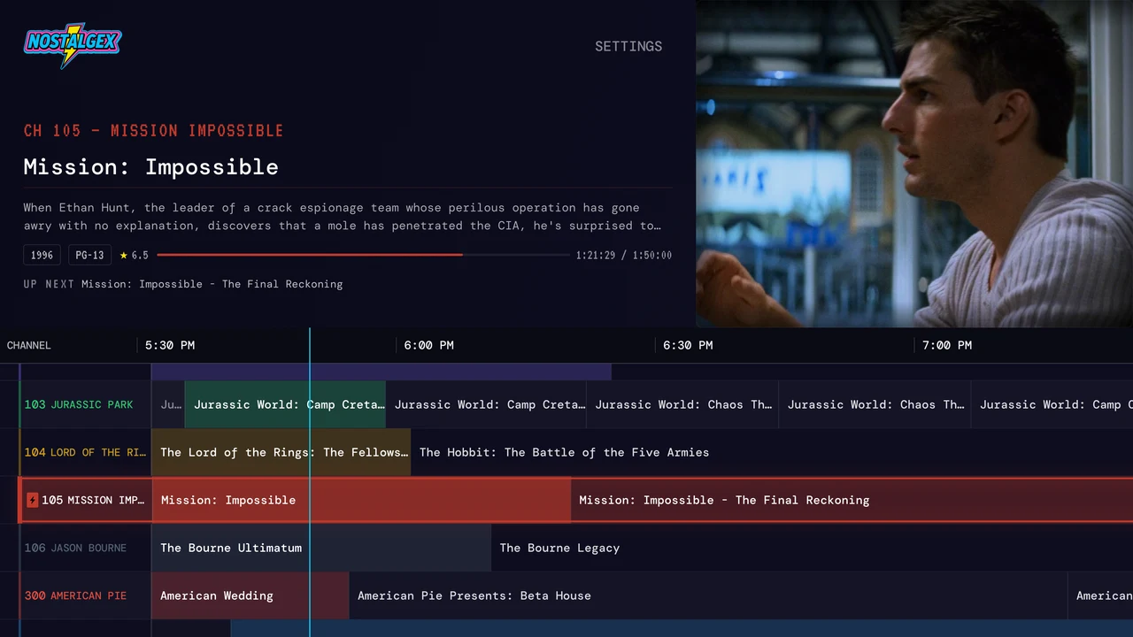 Nostalgex TV guide on Apple TV with the JURASSIC PARK channel airing Jurassic World: Camp Cretaceous and Chaos Theory, next to LORD OF THE RINGS and MISSION IMPOSSIBLE channels