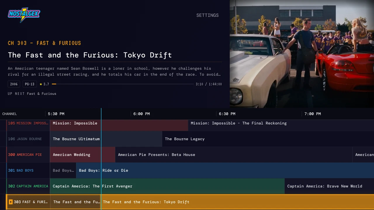 Nostalgex TV guide on Apple TV with the FAST & FURIOUS channel airing The Fast and the Furious: Tokyo Drift, above AMERICAN PIE, BAD BOYS and CAPTAIN AMERICA channels built from a Plex library