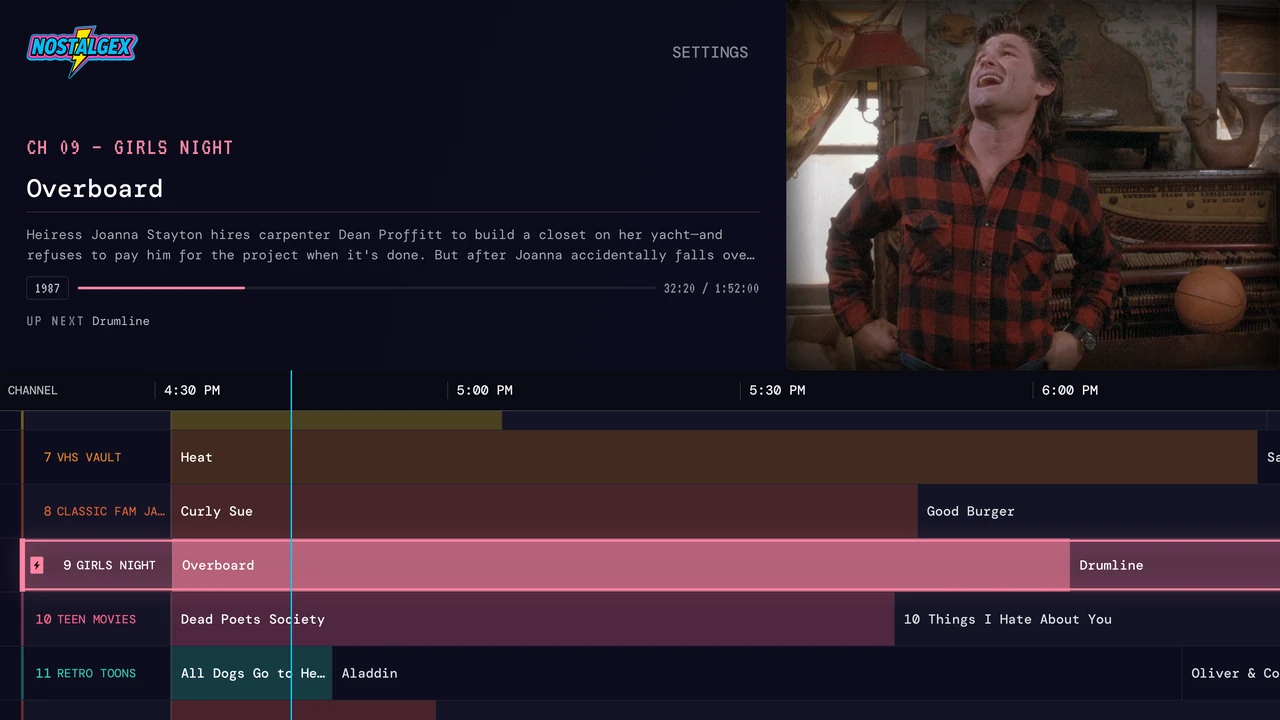 Nostalgex guide grid with VHS Vault, Classic Fam Jams, Girls Night, Teen Movies and Retro Toons channels filled automatically