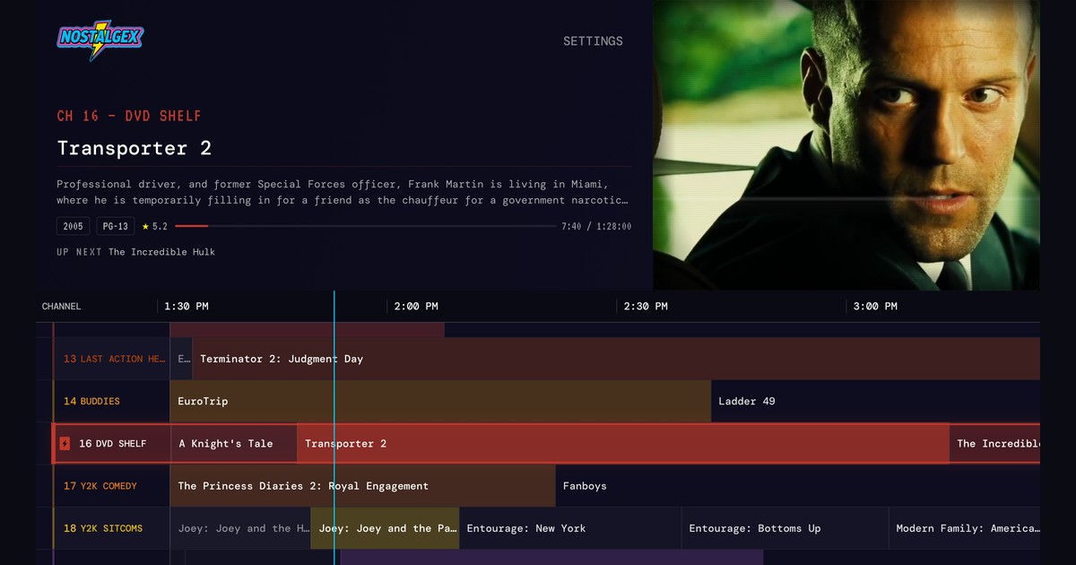 Nostalgex live channel guide on Apple TV with several channels mid program, built from a Plex library