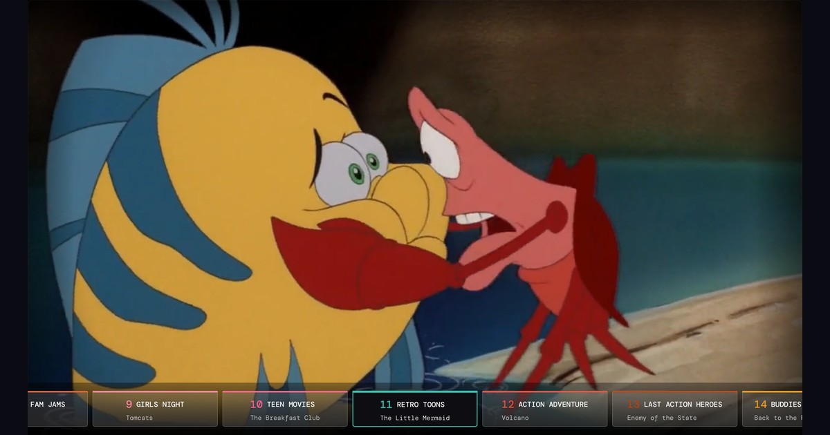 Nostalgex channel flip bar on Apple TV over The Little Mermaid, with Teen Movies, Retro Toons and Action Adventure channels