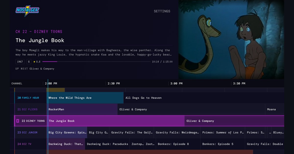 Nostalgex TV guide on Apple TV with a family channel airing The Jungle Book from a home library, already playing