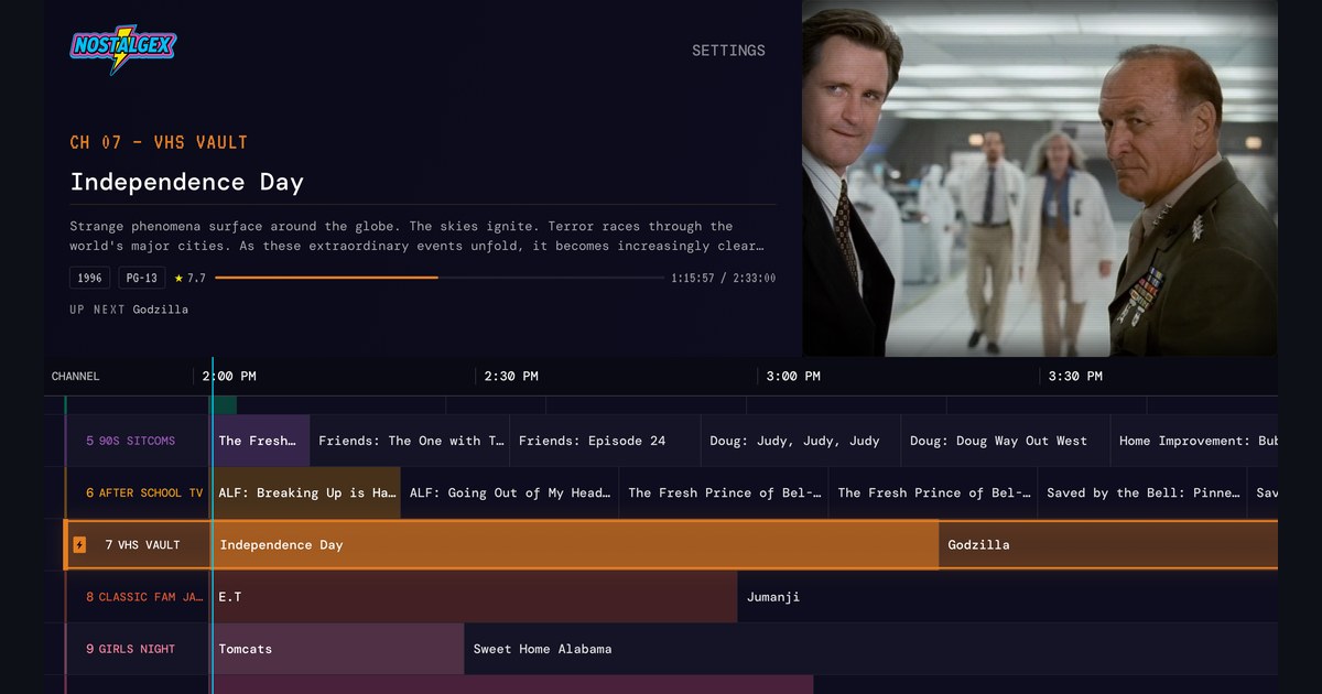 Nostalgex TV guide on Apple TV with the VHS Vault channel airing Independence Day from a Plex library on the home network