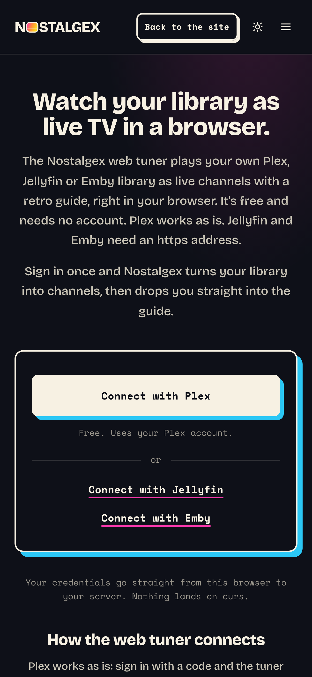 The Nostalgex web tuner sign in page in a phone browser with Connect with Plex, Connect with Jellyfin and Connect with Emby