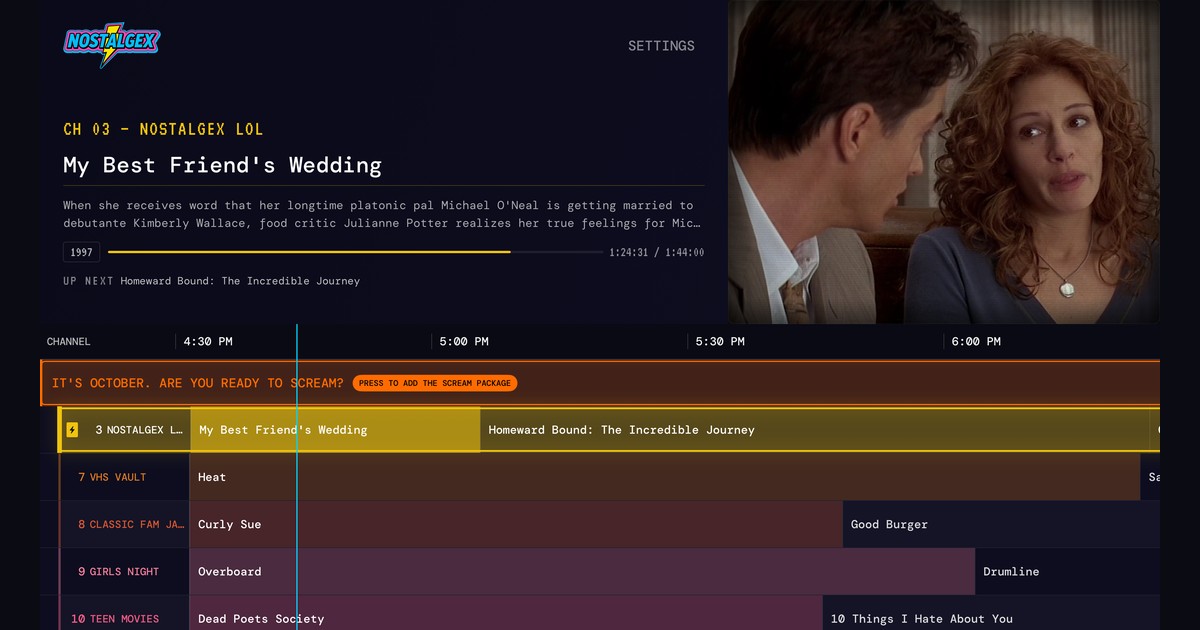 Pluto style live channel from a Plex library: a romantic comedy airing on Nostalgex LOL in the Nostalgex guide