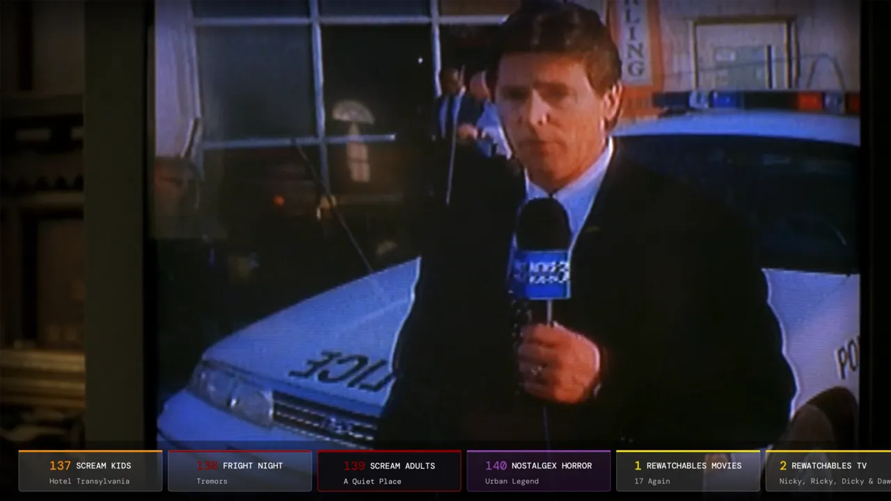 Nostalgex channel flip bar over a playing movie, showing what is on the next channels