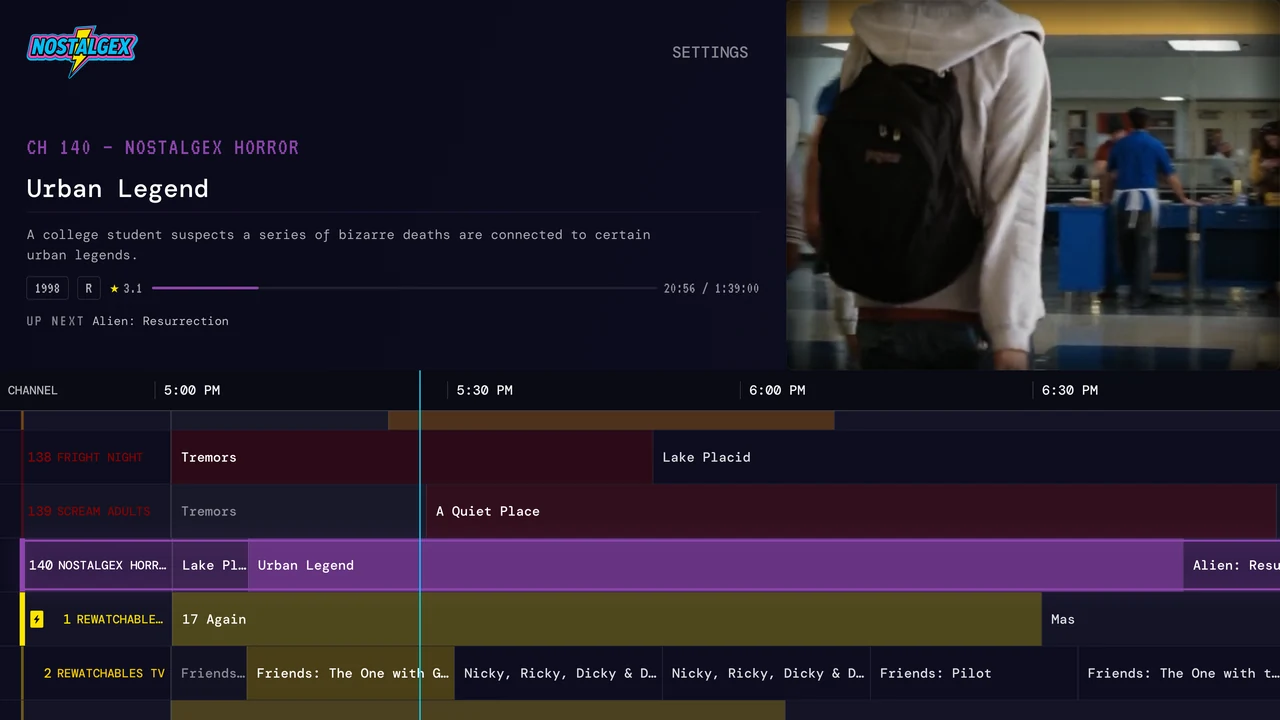 Nostalgex guide on Apple TV airing Urban Legend on the Nostalgex Horror channel straight from a home library